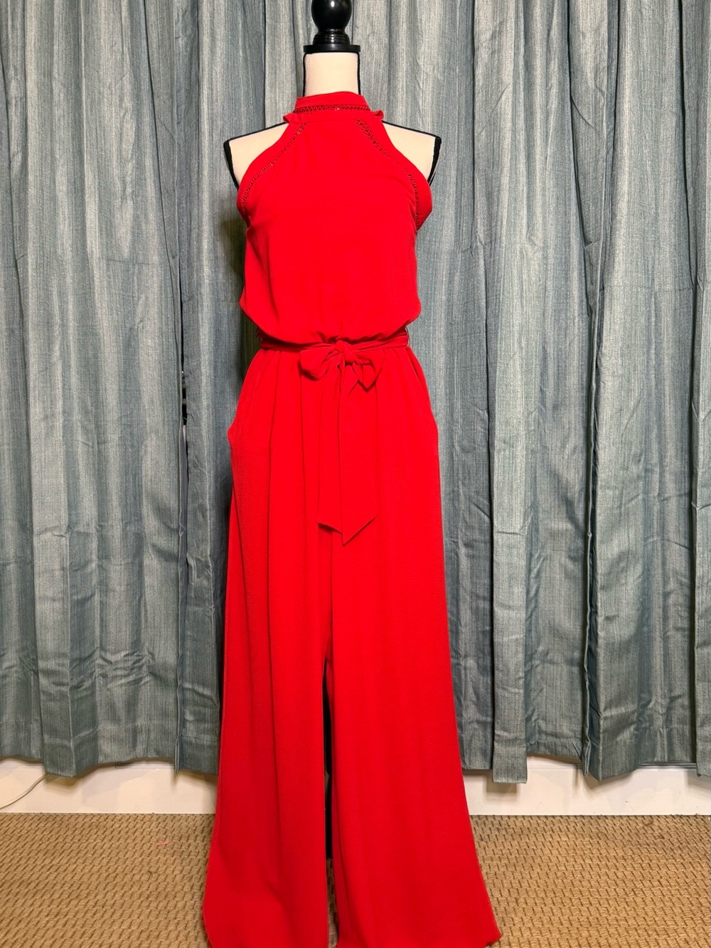 Premier Red Halter-Neck Wide-Leg Jumpsuit with Tie Waist